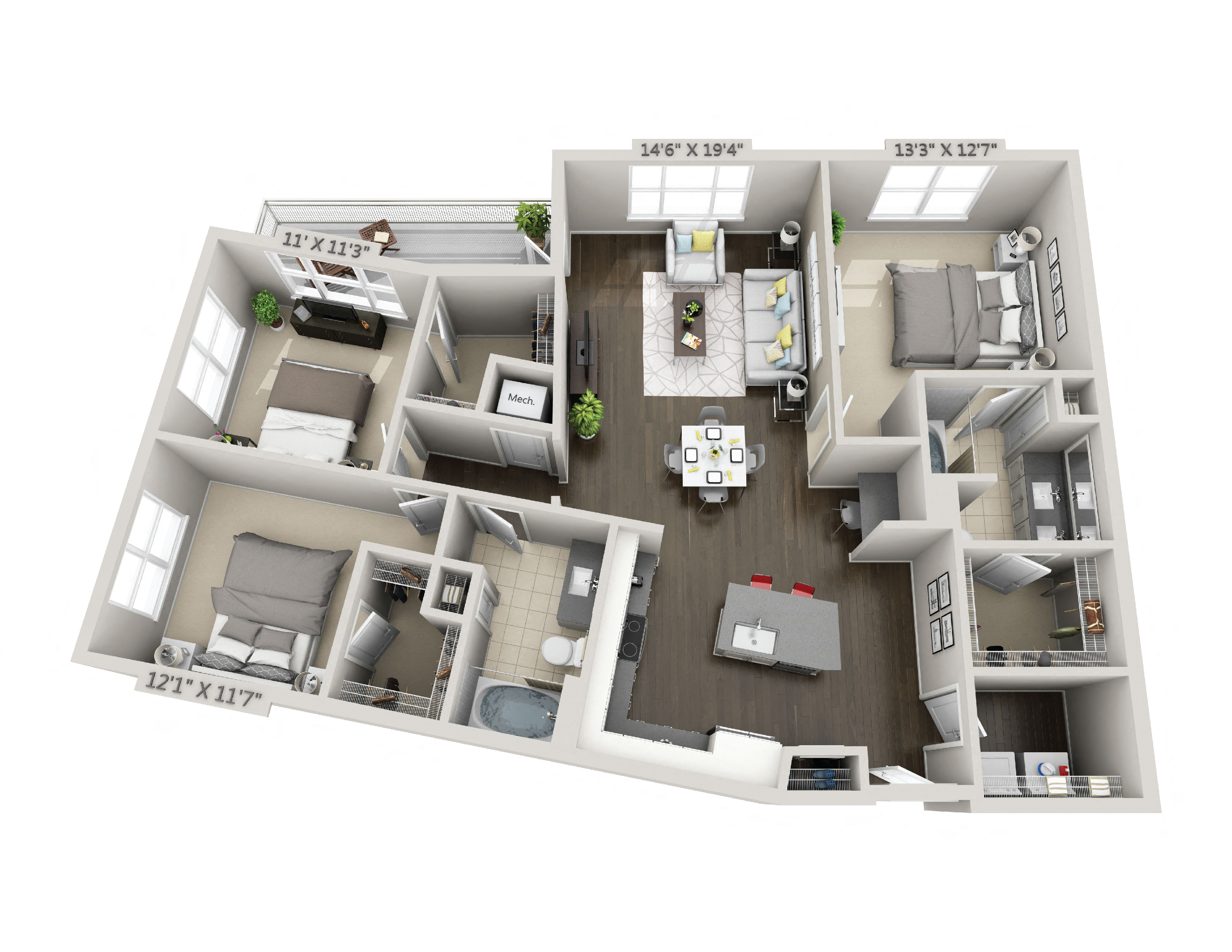 Floor plan for 3 beds, 2 baths, 1402 sqft
